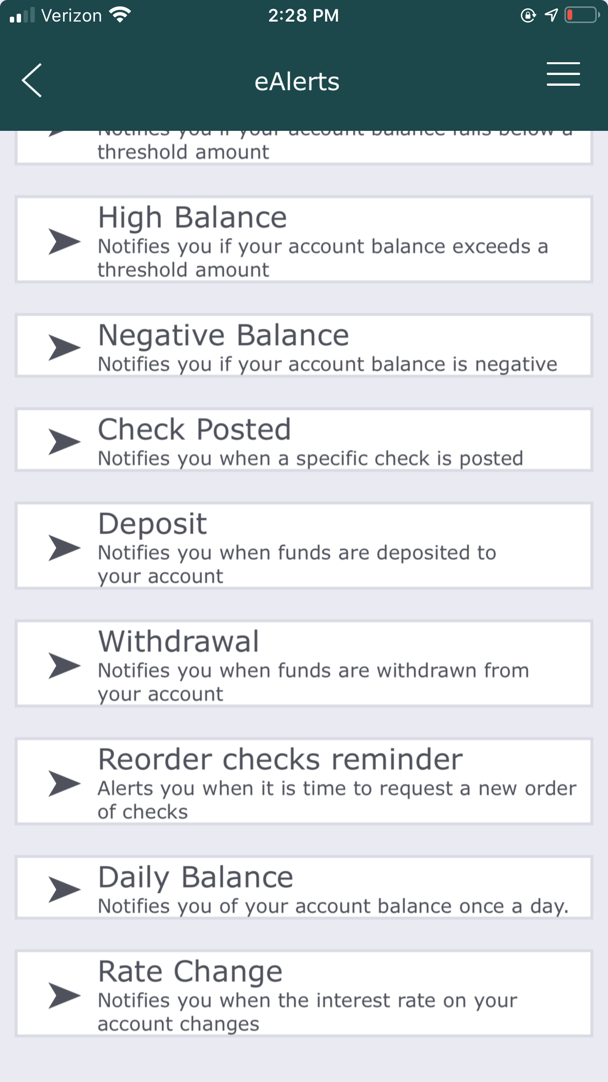 eAlert notification types including: High Balance, Negative Balance, Check Posted, Deposit, Withdrawal, Reorder Checks Reminder, Daily Balance, and Rate Change
