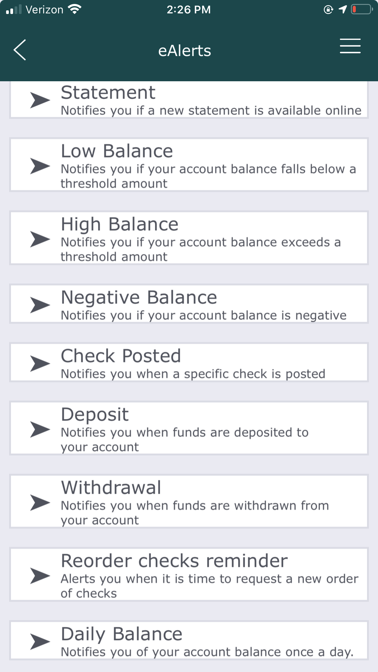 eAlert notification types including: Statement, Low Balance, High Balance, Negative Balance, Check Posted, Deposit, Withdrawal, Reorder Checks Reminder, and Daily Balance